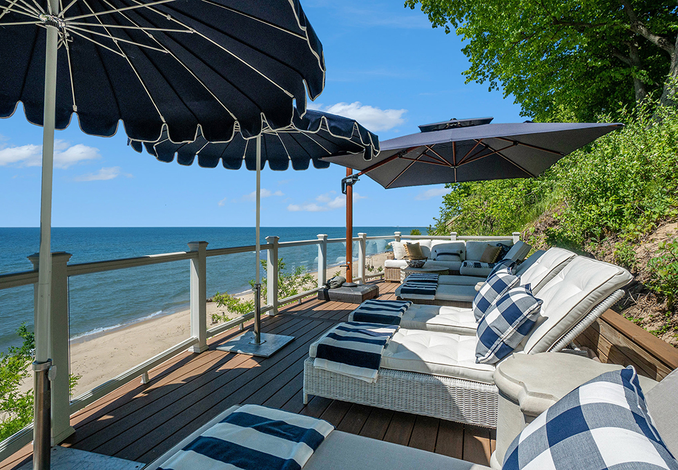 Exterior patio on the edge of a body of water